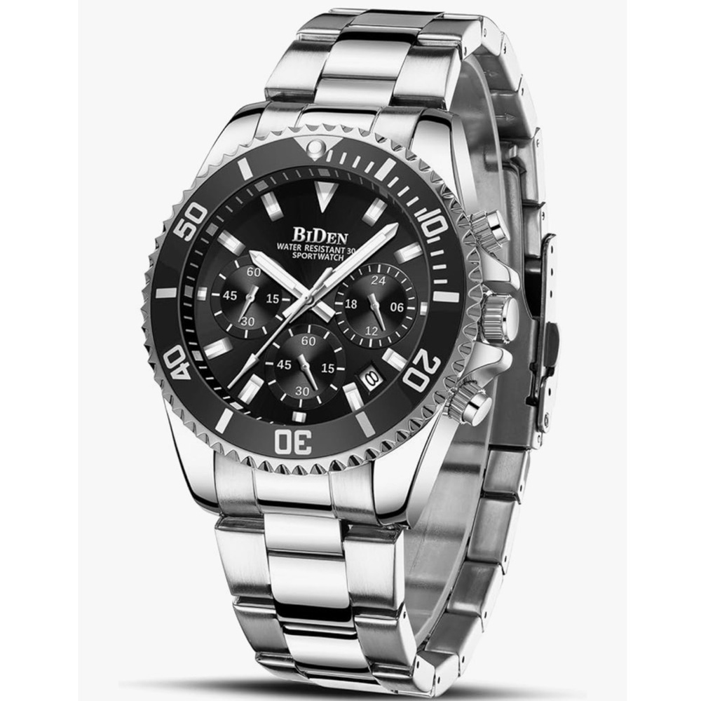 Amazon Biden Chronograph Stainless Steel Analog Quartz Silver Watch Mens